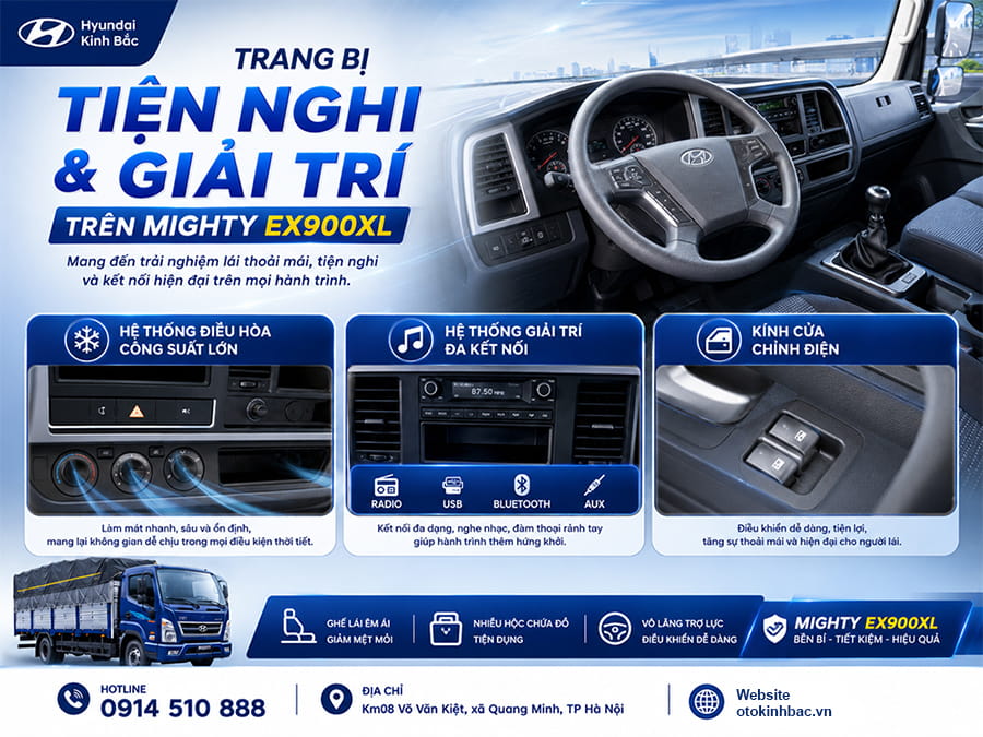 Trang bị tiện nghi và giải trí trên xe tải Mighty EX900XL